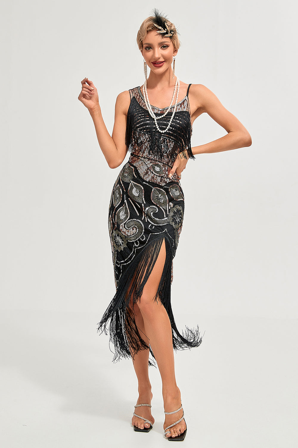 Champagne Spaghetti Straps Gatsby Fringed Flapper Dress