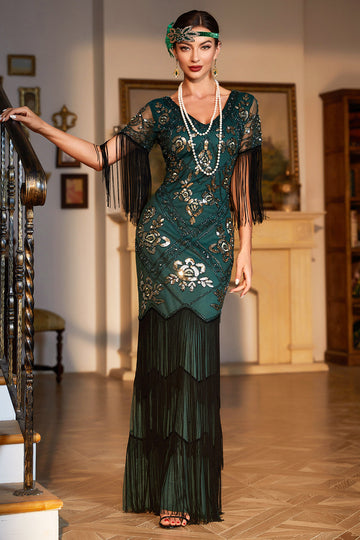 Zapaka Women Sparkly Dark Green Sequins Long 1920s Flapper Dress V Neck Sheath Long Sleeves Vintage Dress With Fringes