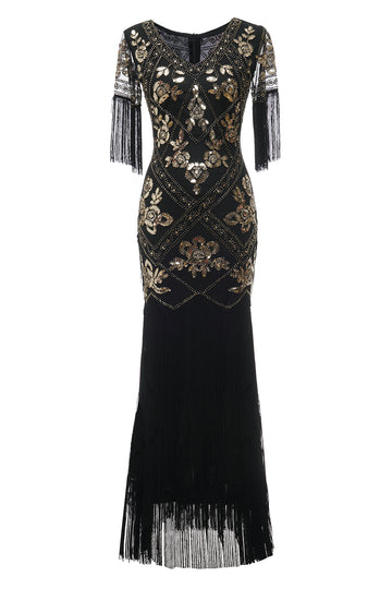 Zapaka Women Sparkly Black Sequins Long 1920s Flapper Dress With Fringes V Neck Sheath Long Sleeves Vintage Dress