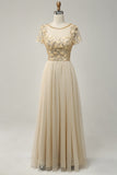 Apricot Tulle A Line Sequins Formal Dress with Appliques