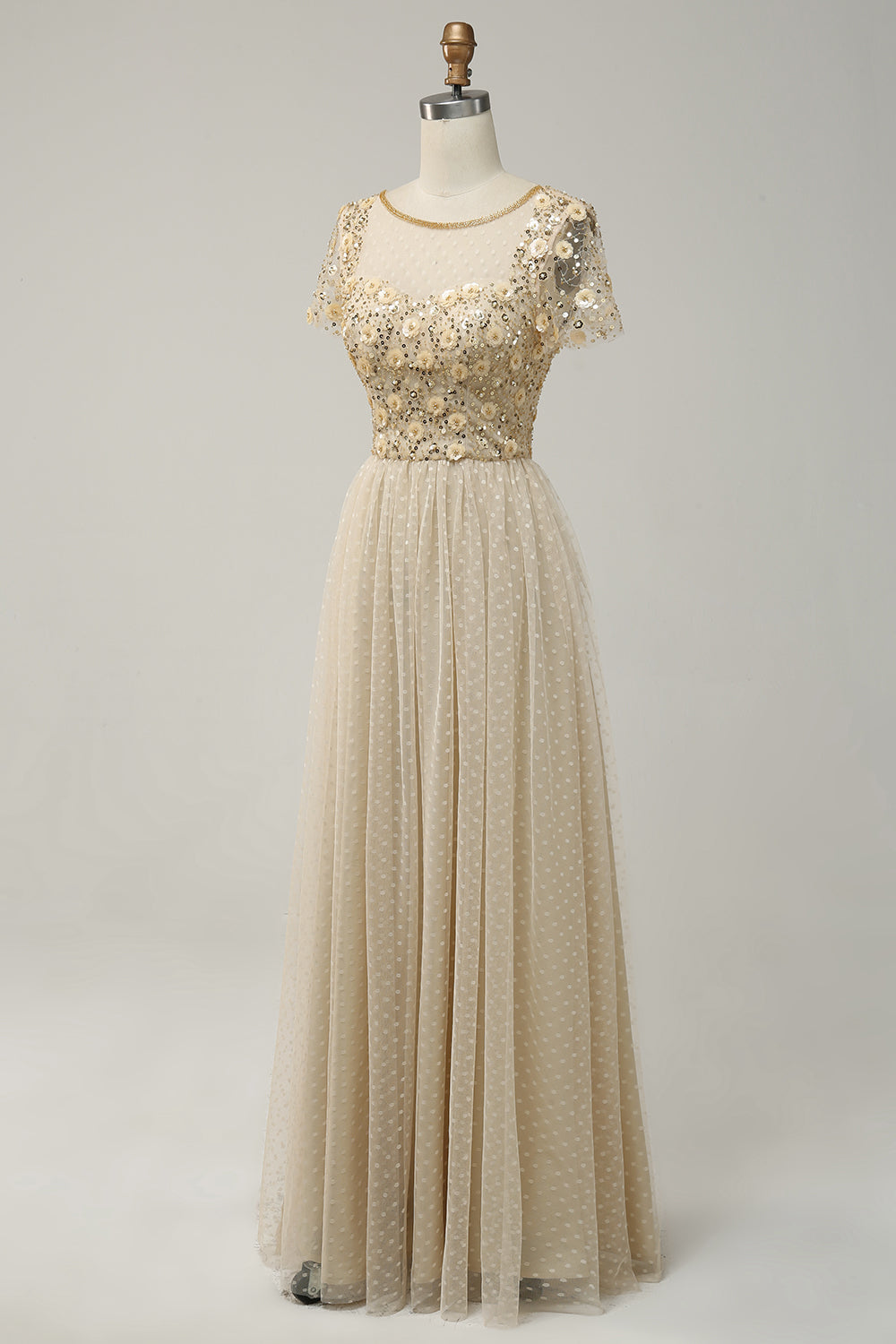 Apricot Tulle A Line Sequins Formal Dress with Appliques