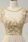 Apricot Tulle A Line Sequins Formal Dress with Appliques