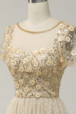 Apricot Tulle A Line Sequins Formal Dress with Appliques