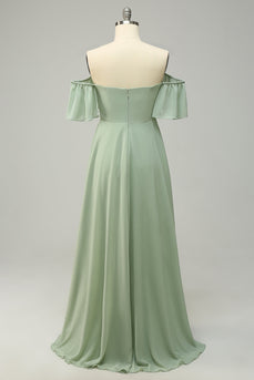A Line Off the Shoulder Green Long Plus Size Bridesmaid Dress with Ruffles