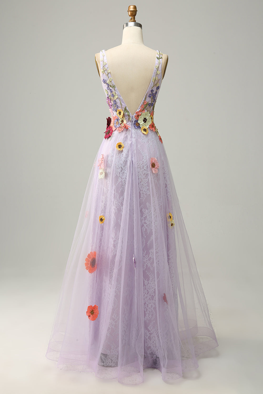 A Line Deep V Neck Lavender Long Formal Dress with Appliques