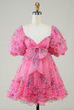 Hot Pink Printed Cute Short Formal Dress with Bow