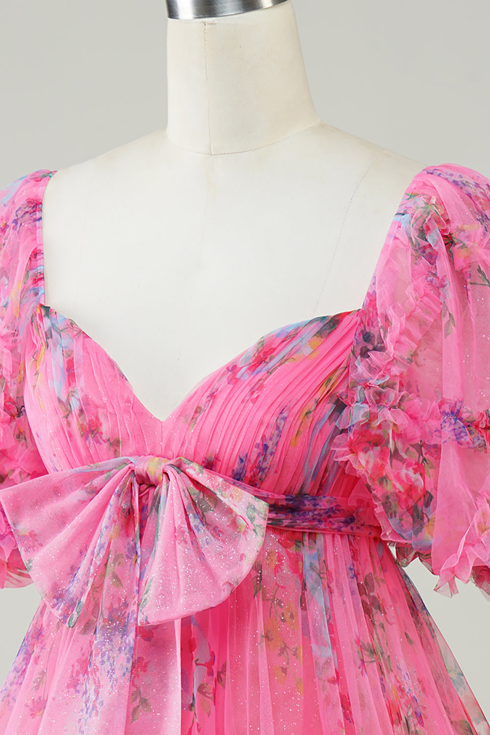 Hot Pink Printed Cute Short Formal Dress with Bow