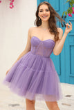 Purple Corset Detachable Long Sleeves A-Line Short Formal Dress