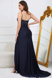 Mermaid Spaghetti Straps Navy Long Formal Dress with Beading