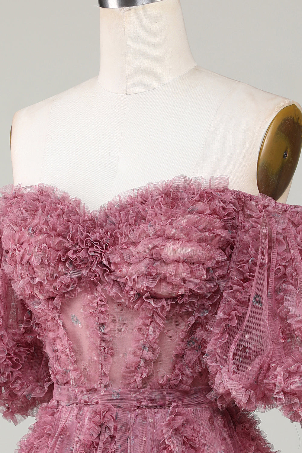 Stylish A Line Off the Shoulder Dusty Rose Tulle Short Formal Dress with Short Sleeves