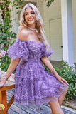 Off the Shoulder A Line Printed Cute Short Formal Dress