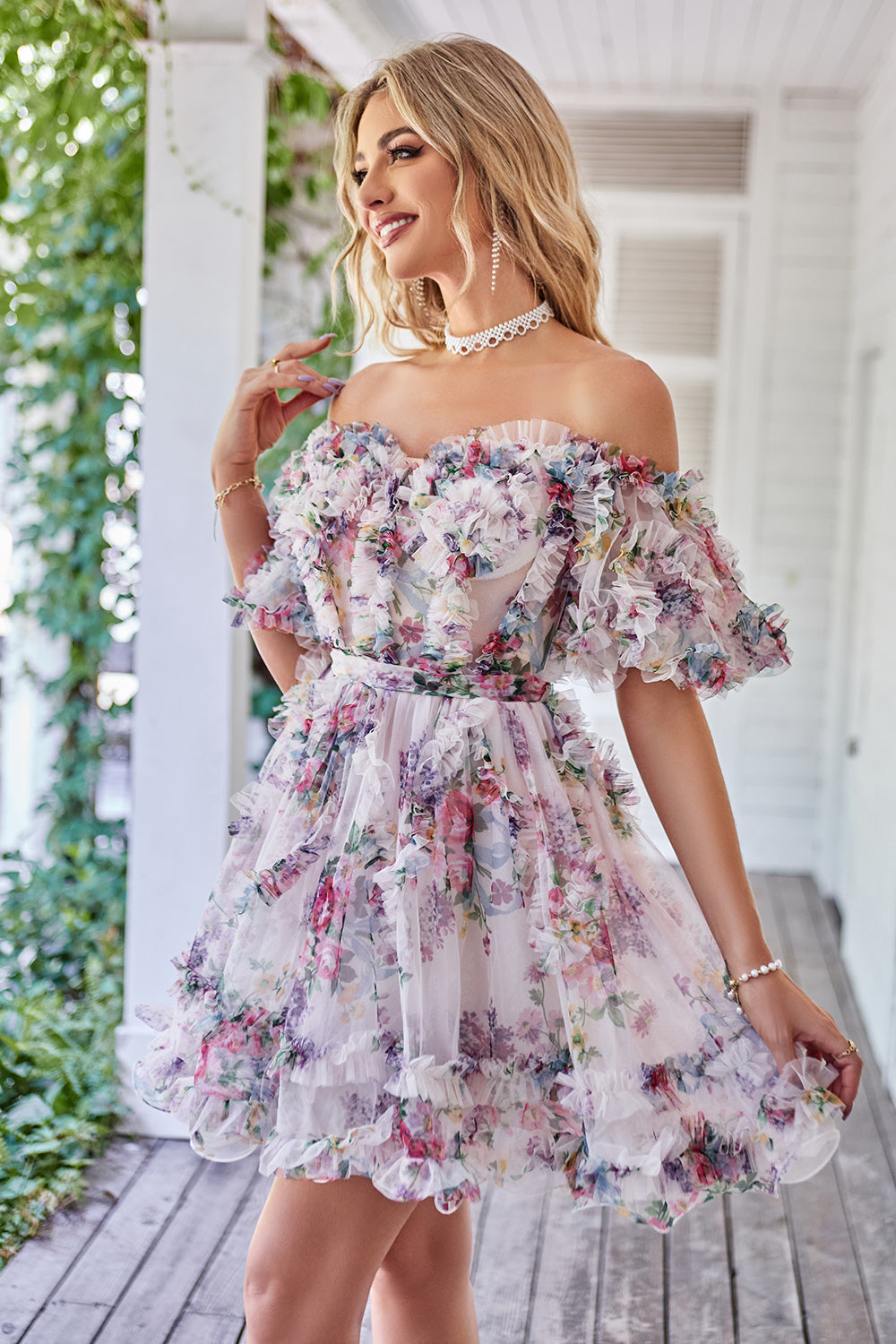 Off the Shoulder A Line Printed Cute Short Formal Dress