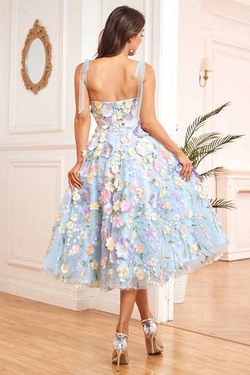 A Line Spaghetti Straps Blue Tea Length Formal Dress with 3D Flowers