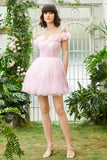 Pink Off the Shoulder Corset Short Formal Dress With Flowers