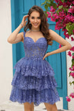 A Line Off the Shoulder Blue Corset Short Formal Dress with Lace