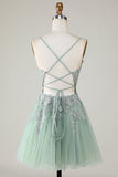 Stylish A Line Spaghetti Straps Green Short Formal Dress with Appliques