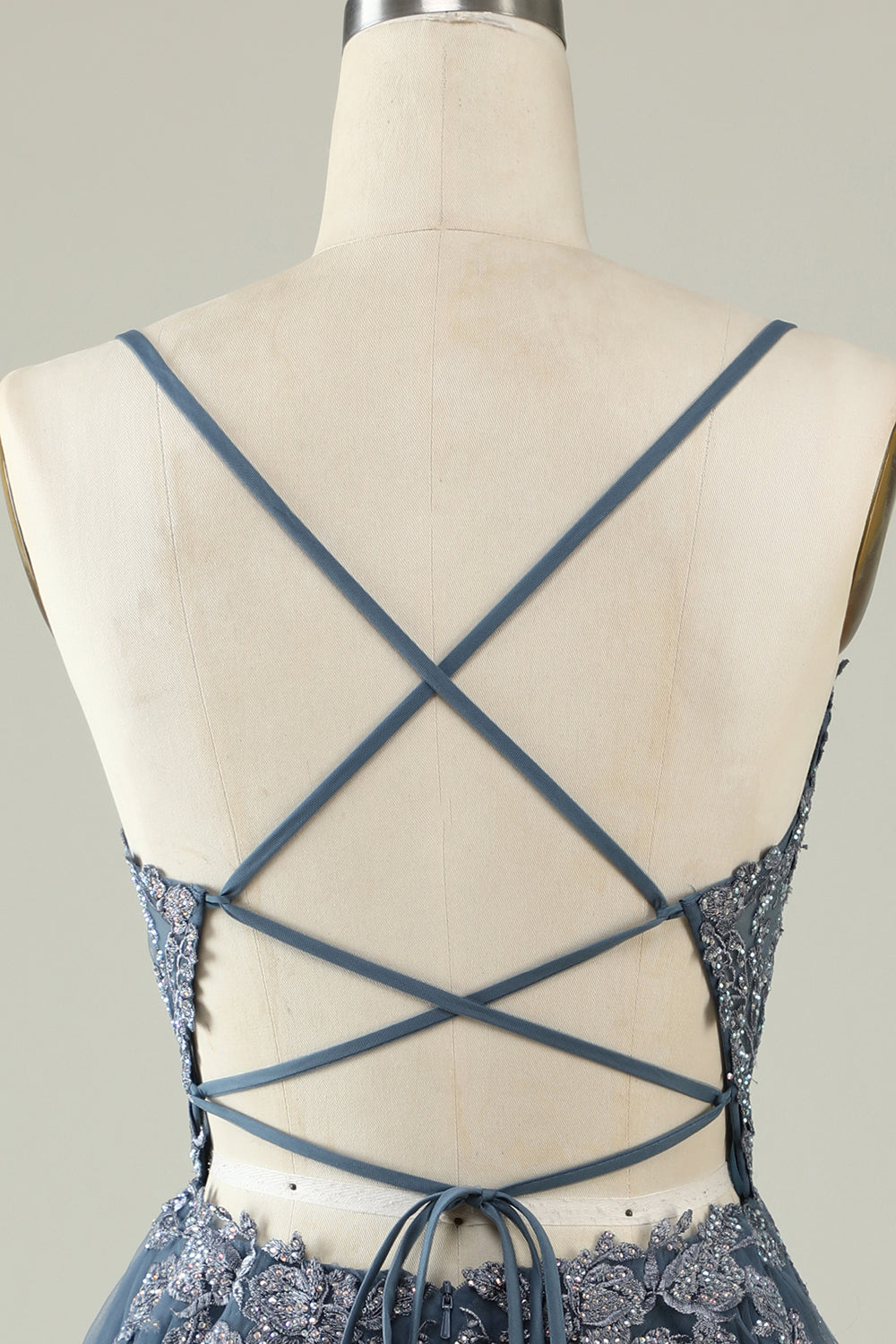 A Line Spaghetti Straps Grey Blue Short Formal Dress with Appliques