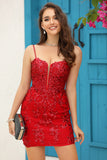 Bodycon Spaghetti Straps Red Sequins Short Formal Dress with Criss Cross Back