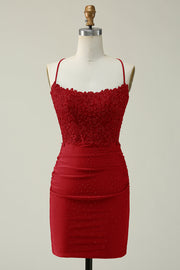Sheath Spaghetti Straps Dark Red Short Formal Dress with Appliques