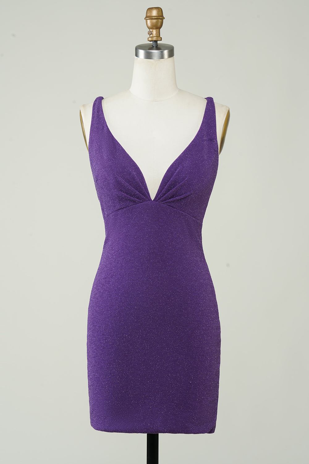 Stylish Deep V Neck Purple Short Formal Dress with Criss Cross Back