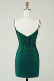 Sparkly Bodycon Spaghetti Straps Dark Green Short Cocktail Dress with Beading