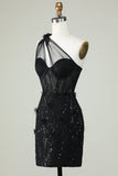 Bodycon One Shoulder Black Corset Short Formal Dress with Appliques