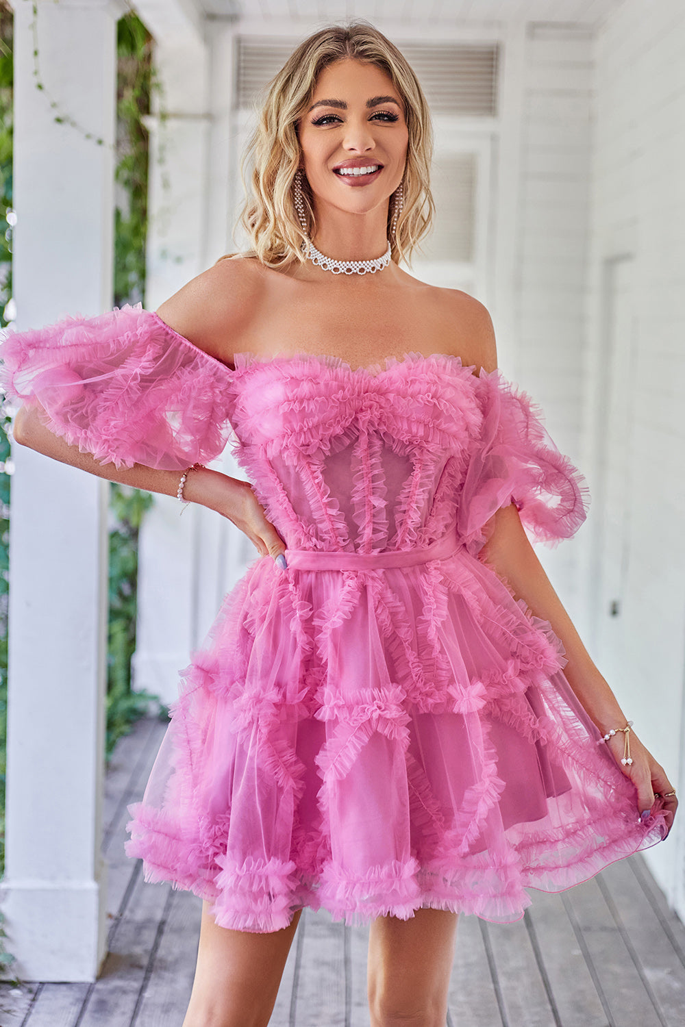 Cute A line Blush Tulle Off The Shoulder Short Formal Dress