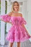 Cute A line Blush Tulle Off The Shoulder Short Formal Dress