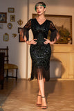 Dark Green V-neck Fringed Roaring 20s Party Dress