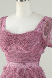 Gorgeous A Line Floral Dusty Rose Short Formal Dress with Ruffles