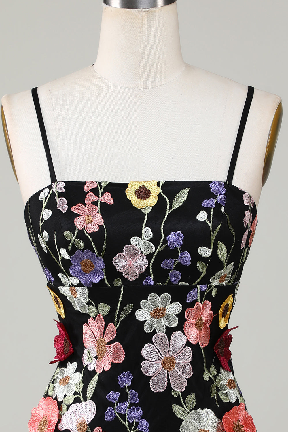 Bodycon Spaghetti Straps Black Short Formal Dress with 3D Flowers