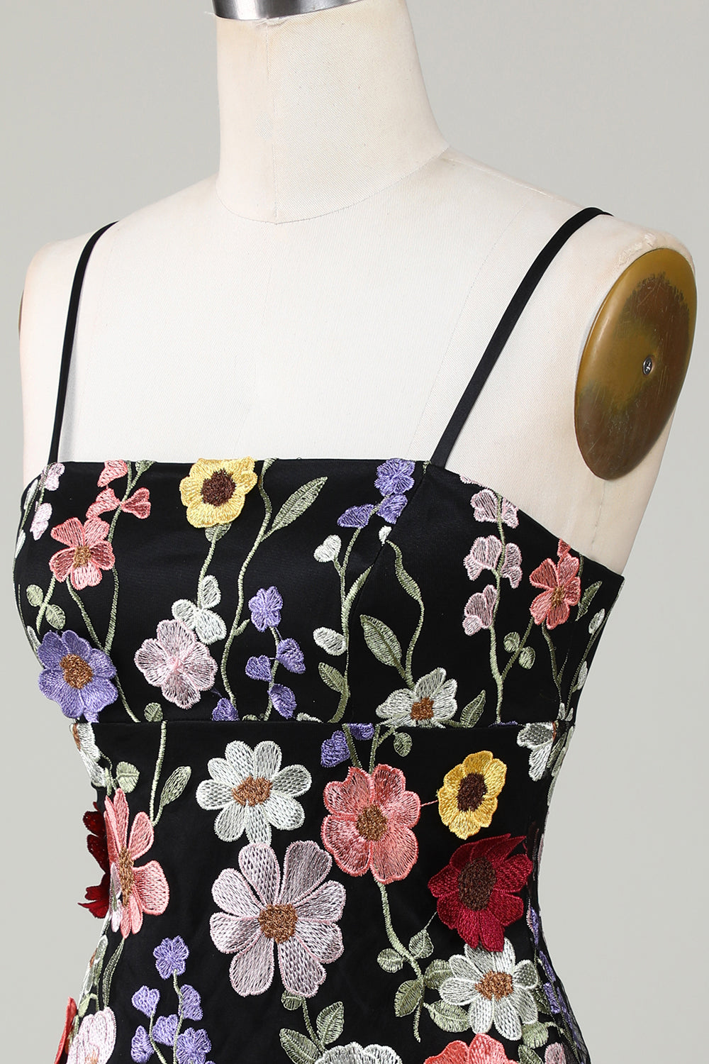 Bodycon Spaghetti Straps Black Short Formal Dress with 3D Flowers