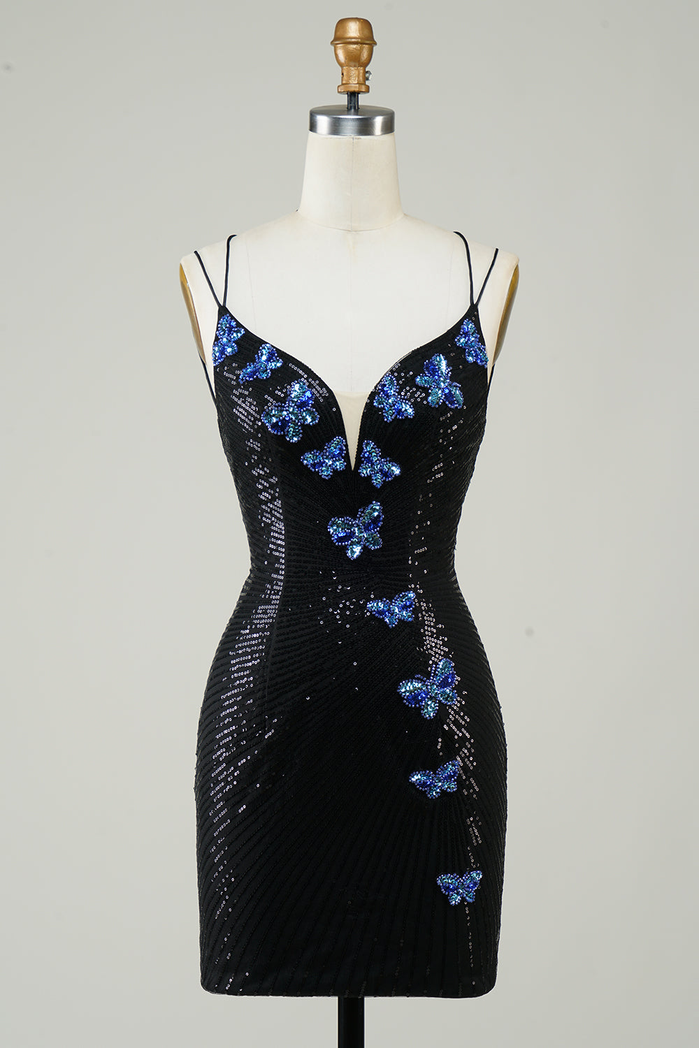 Black Glitter Tight Short Formal Dress with Sequins Butterflies