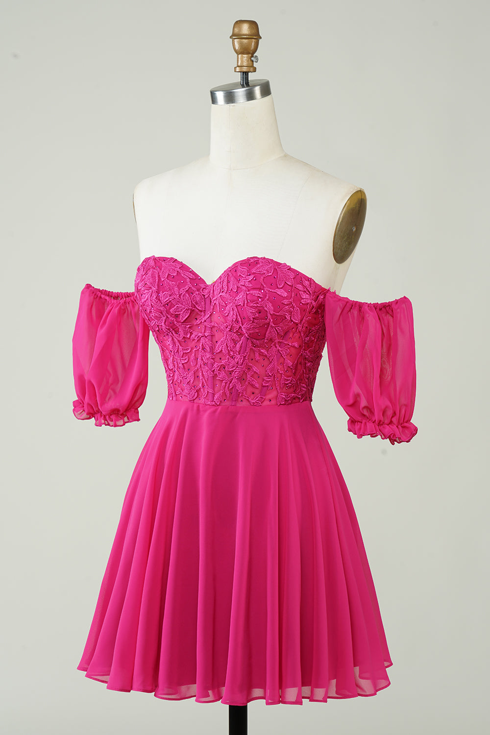 Fuchsia Corset A-Line Chiffon Short Formal Dress with Lace