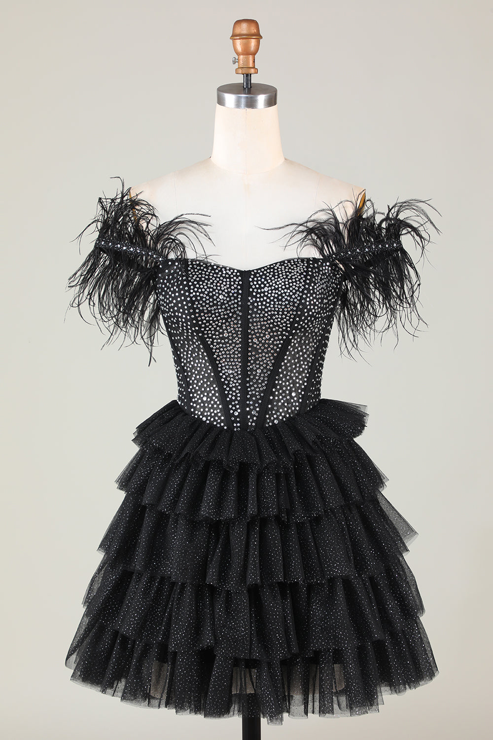 Sparkly Beaded Corset A-Line Black Short Formal Dress with Feathers