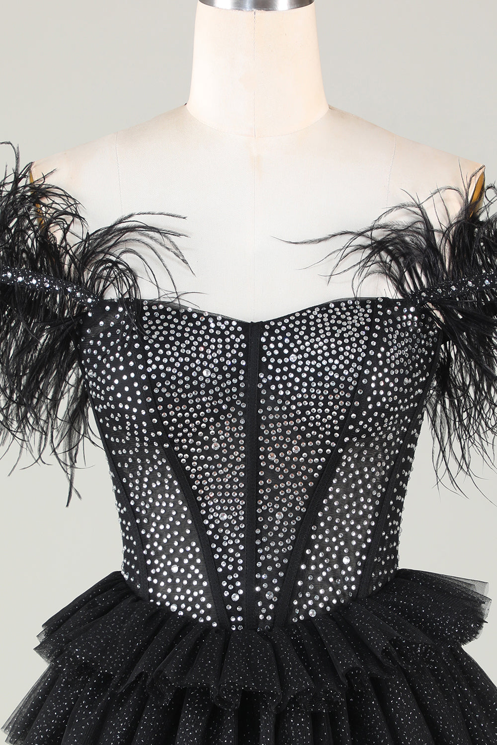 Sparkly Beaded Corset A-Line Black Short Formal Dress with Feathers