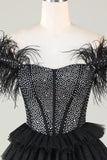 Sparkly Beaded Corset A-Line Black Short Formal Dress with Feathers