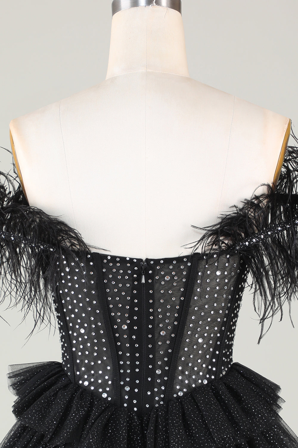 Sparkly Beaded Corset A-Line Black Short Formal Dress with Feathers