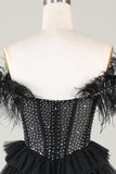 Sparkly Beaded Corset A-Line Black Short Formal Dress with Feathers