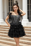 Sparkly Black Beaded Corset A-Line Short Cocktail Dress with Feathers