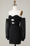 Off The Shoulder Keyhole Black Short Formal Dress with Beading