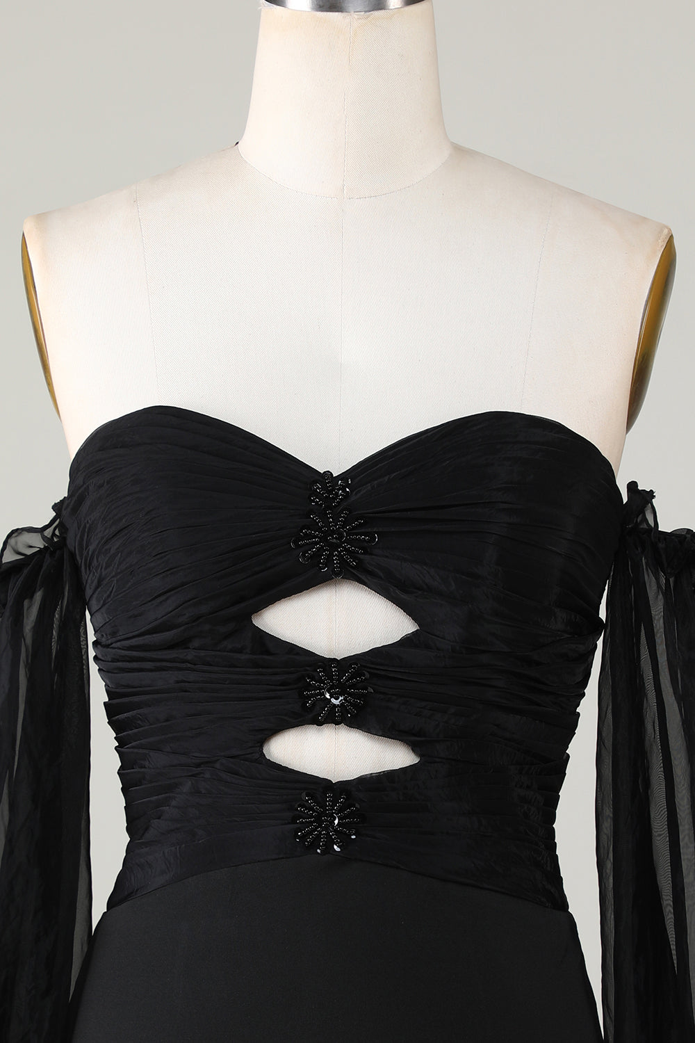 Off The Shoulder Keyhole Black Short Formal Dress with Beading