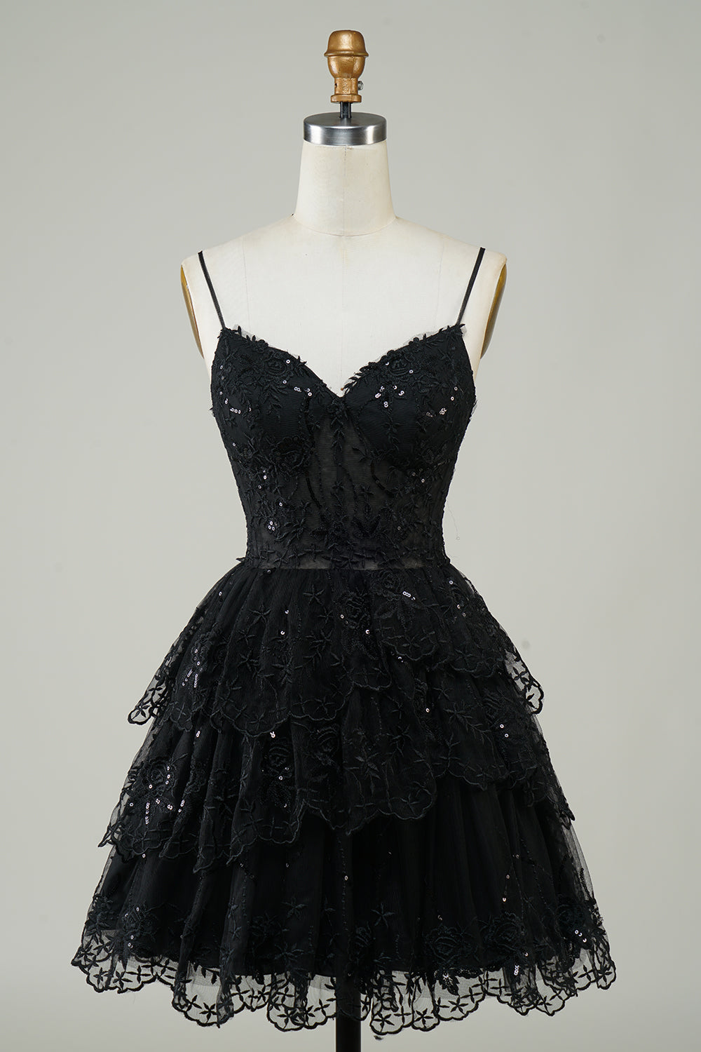 Gorgeous A Line Spaghetti Straps Black Sparkly Corset Cocktail Dress