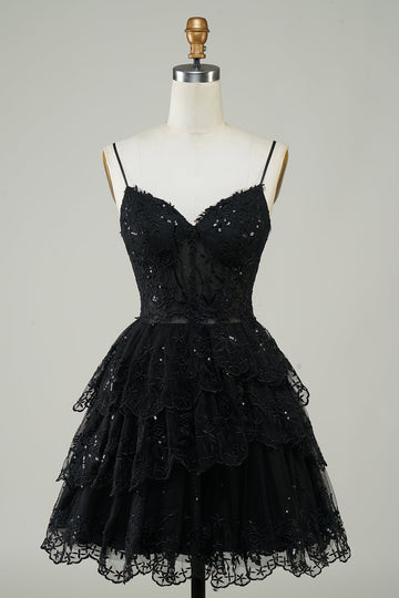 Gorgeous A Line Spaghetti Straps Black Sparkly Corset Cocktail Dress