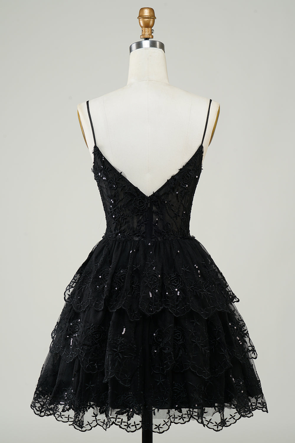 Gorgeous A Line Spaghetti Straps Black Sparkly Corset Cocktail Dress