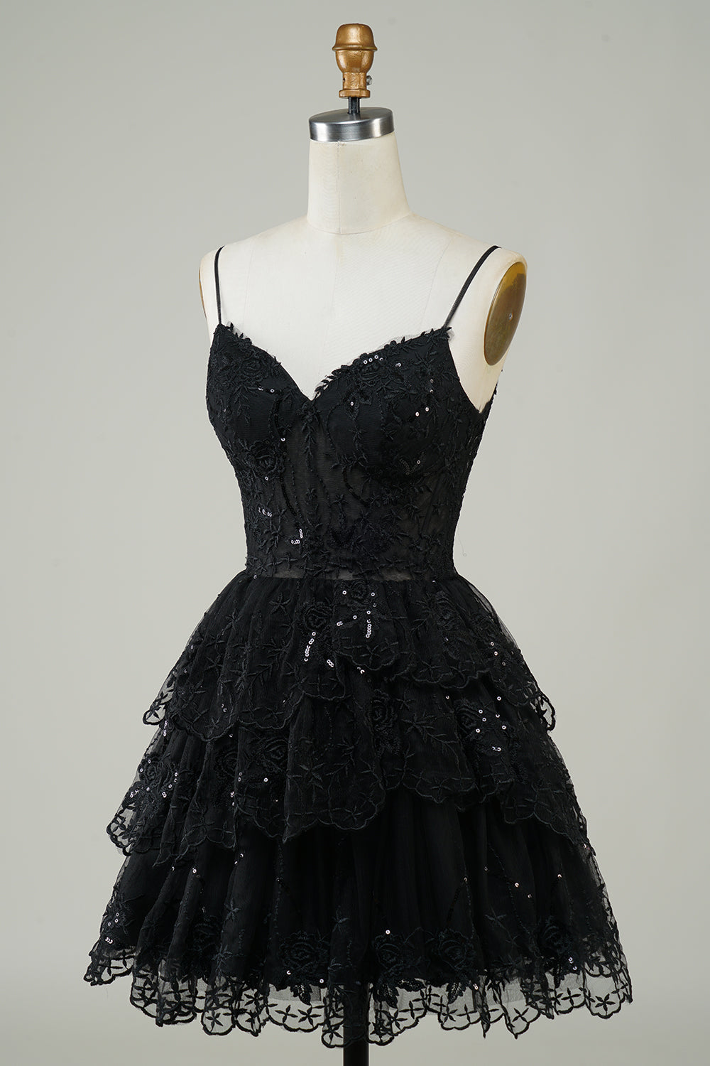 Gorgeous A Line Spaghetti Straps Black Sparkly Corset Cocktail Dress