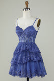 Cute A Line Spaghetti Straps Dark Blue Sparkly Corset Short Formal Dress