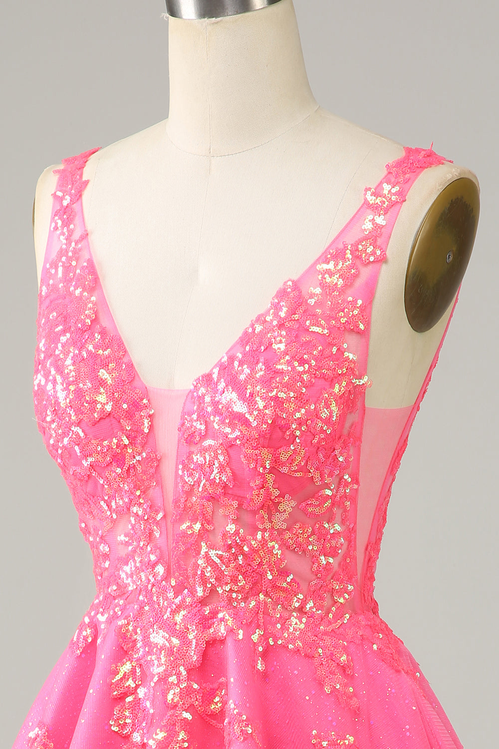 Fuchsia Sequined V Neck Backless Short Cocktail Dress
