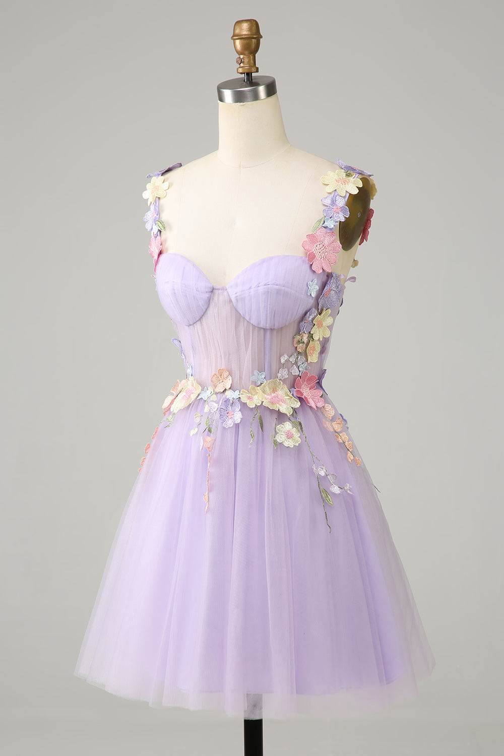Purple Spaghetti Straps Tulle Short Formal Dress With 3D Flowers