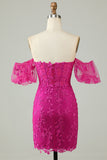 Fuchsia Off the Shoulder Bodycon Appliques Short Formal Dress
